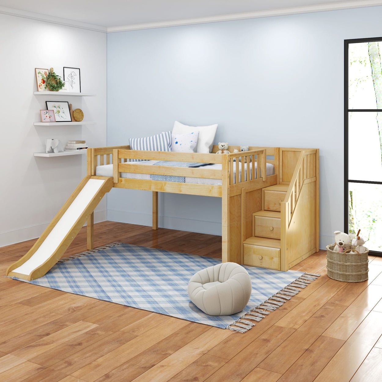Low Loft Bed featuring Natural Wood Finish and Slide