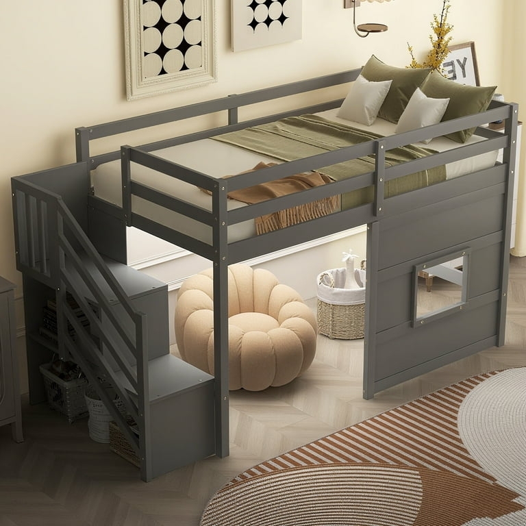 Low Loft Bed in Charcoal Grey with Integrated Lower Nook