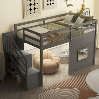 Low Loft Bed in Charcoal Grey with Integrated Lower Nook