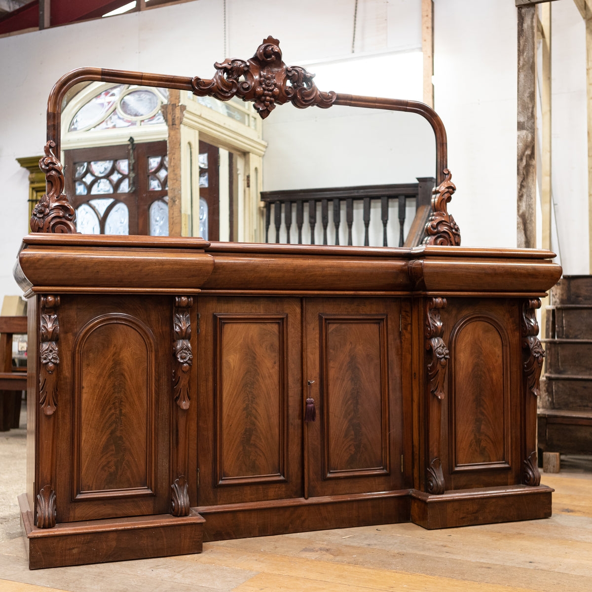 Mahogany Sideboard With Arched Back Mirror And Carving