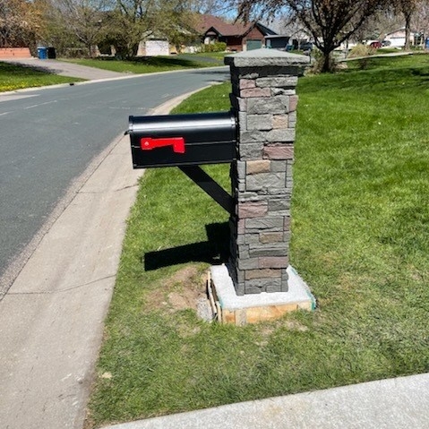 Mailbox Post Matte Black Masonry Pillar and Faux Stone Mailbox