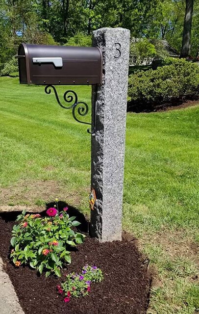 Mailbox Post Rock Faced Granite with Engraved Stone Post