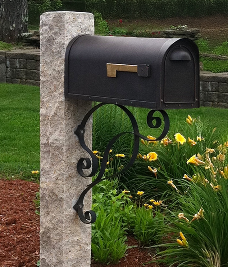 Mailbox Post Rocked Finish Granite Ornate Scroll Bracket