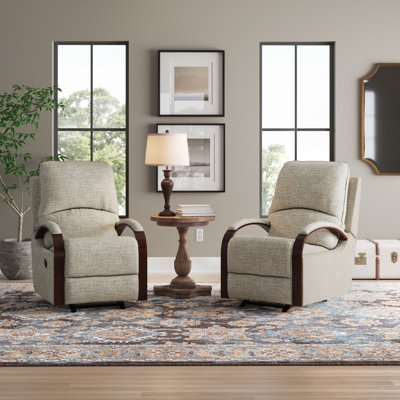 Manual Rocker Recliner Curved Wood Arms Oatmeal Fabric