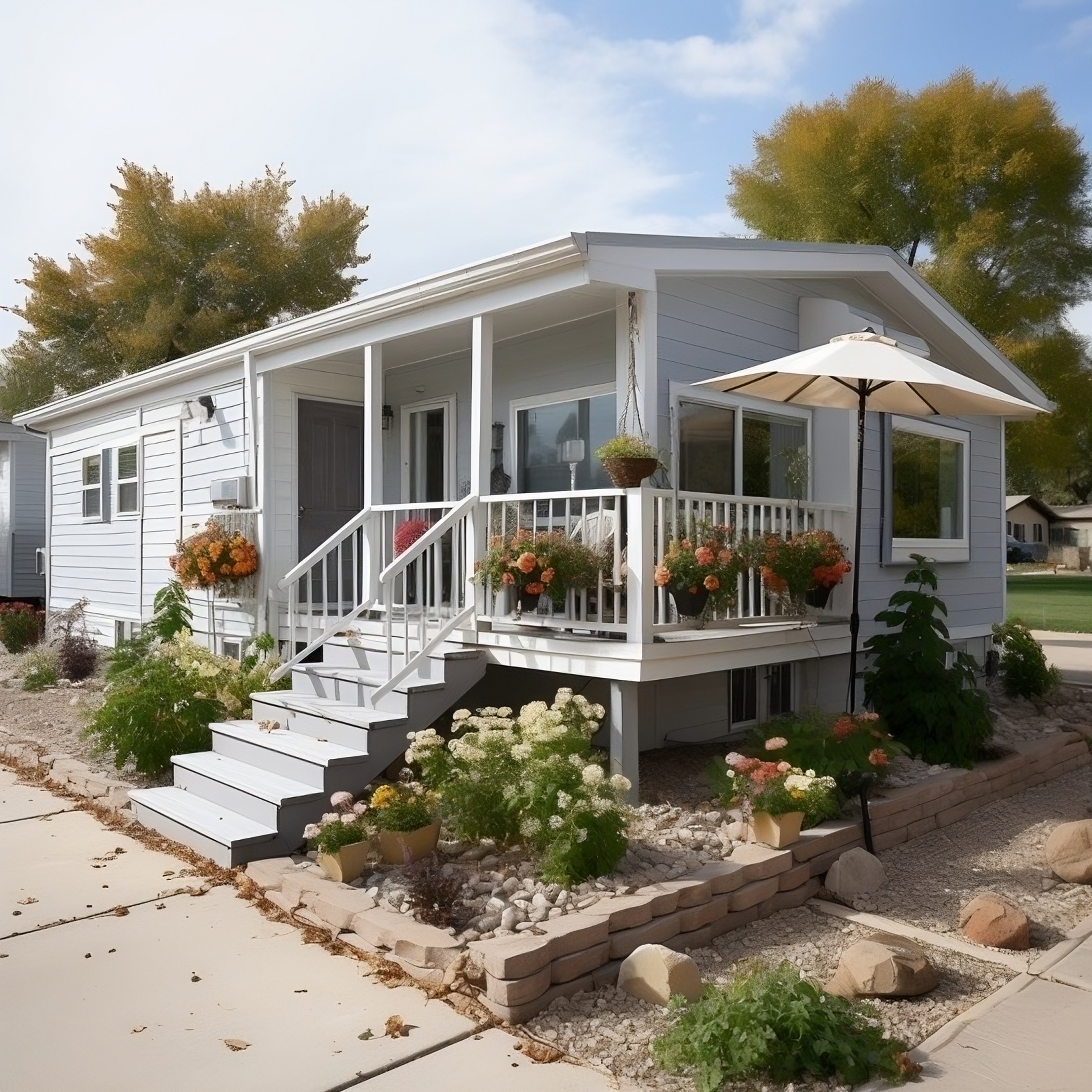 Manufactured Home with White Porch and Coastal Home Appeal