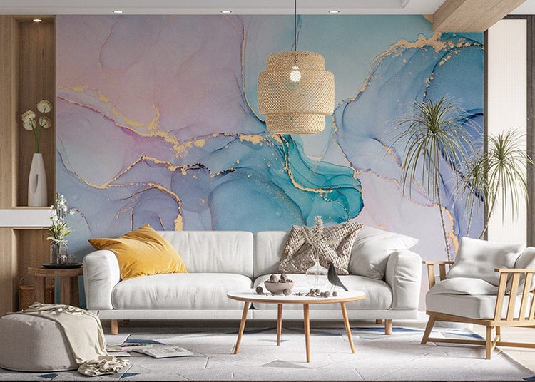 Marble Wall Mural Lavender Alcohol Ink Style Gold Wallpaper