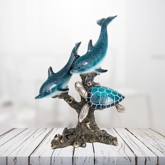 Marine Figurine: Teal Glossy Sea Turtle Decor & Coral Base