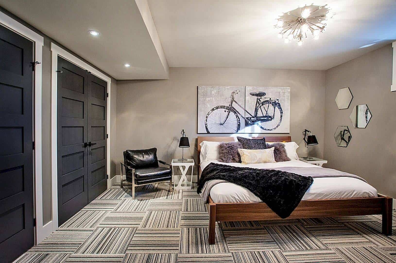Masculine Bedroom: Sputnik Chandelier and Linear Pattern Carpet Flooring
