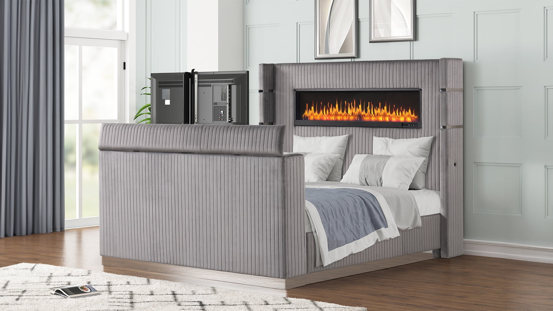 Media Bed Vertical Channel Tufting Fireplace Console