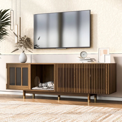 Media Console With Cat House Compartment and Slatted Door