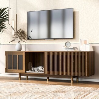 Media Console With Cat House Compartment and Slatted Door