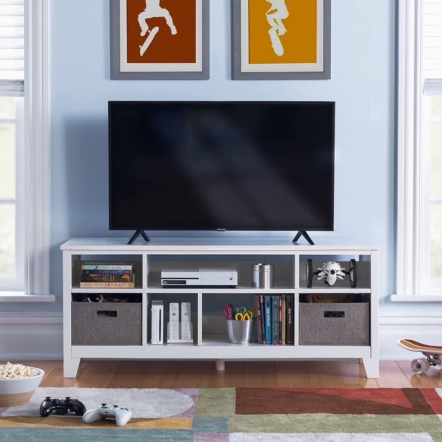 Media Console with Eight Storage Compartments and Linen White Cubby Unit