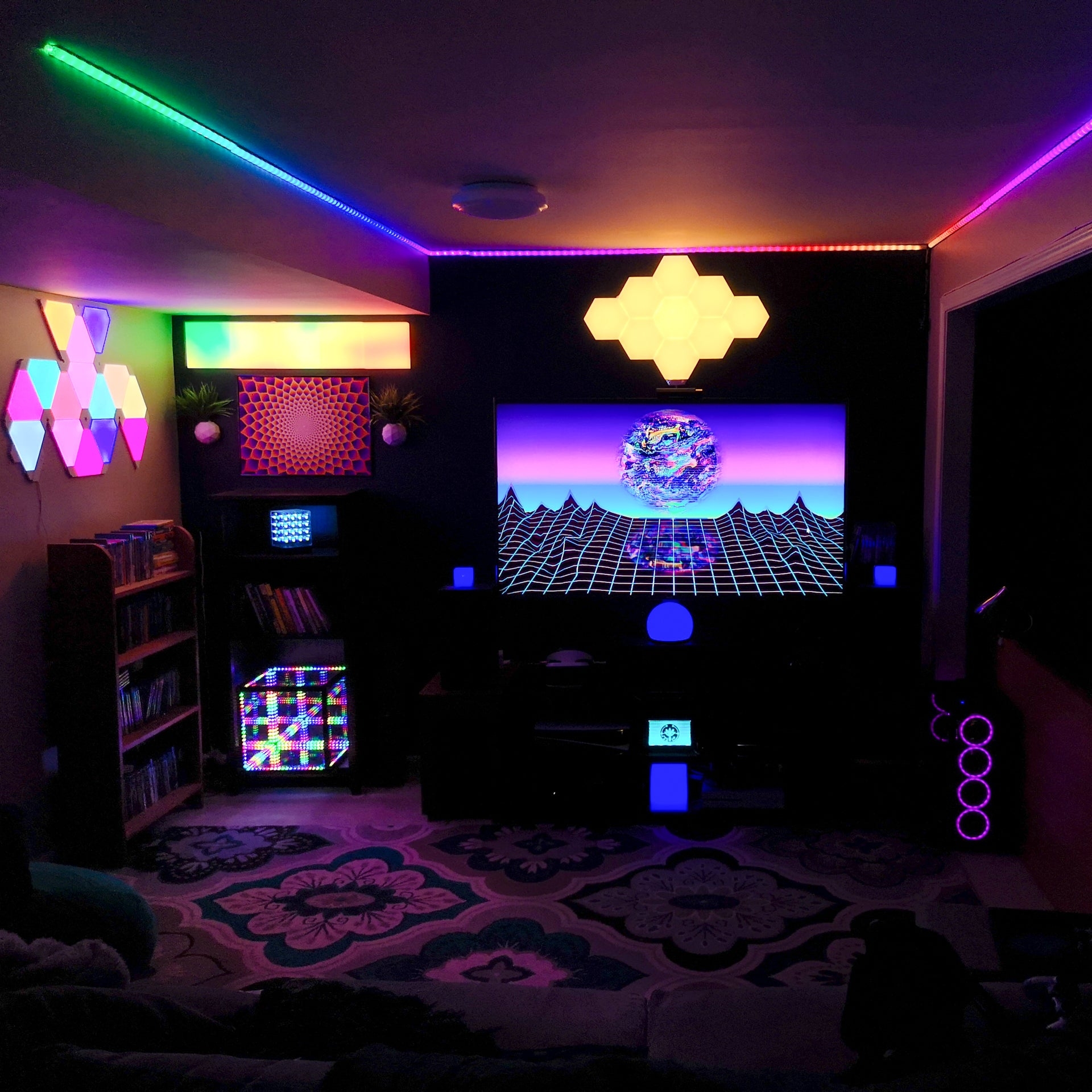 Media Room: Cyberpunk Man Cave Lighting with Hexagonal Tiles