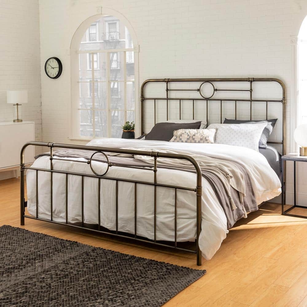 Metal Bed Antique Bronze King with Circular Motif Pipe Frame