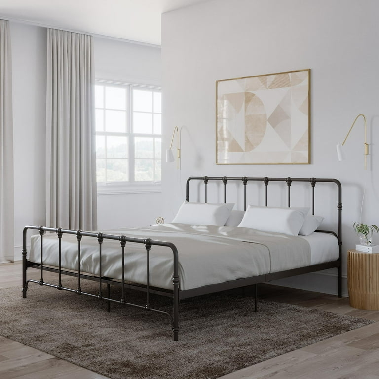 Metal Bed Dark Gray Matte Spindle Headboard & Ball Finials