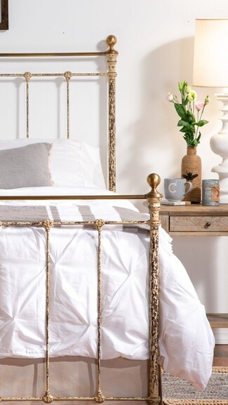 Metal Bed Distressed Cream Farmhouse with Pintuck Texture