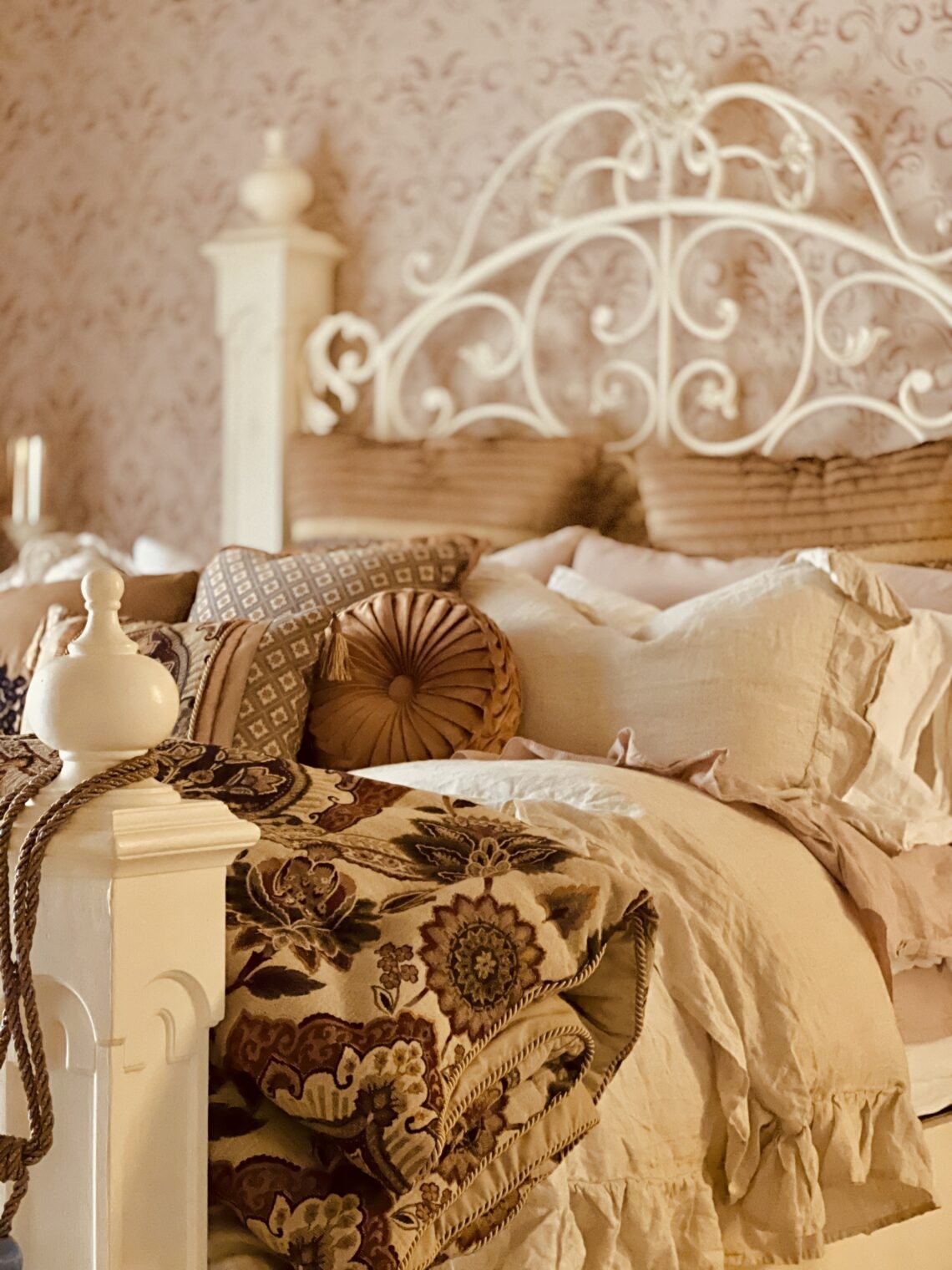 Metal Bed Frame Ornate Scrolling Headboard Ruffled