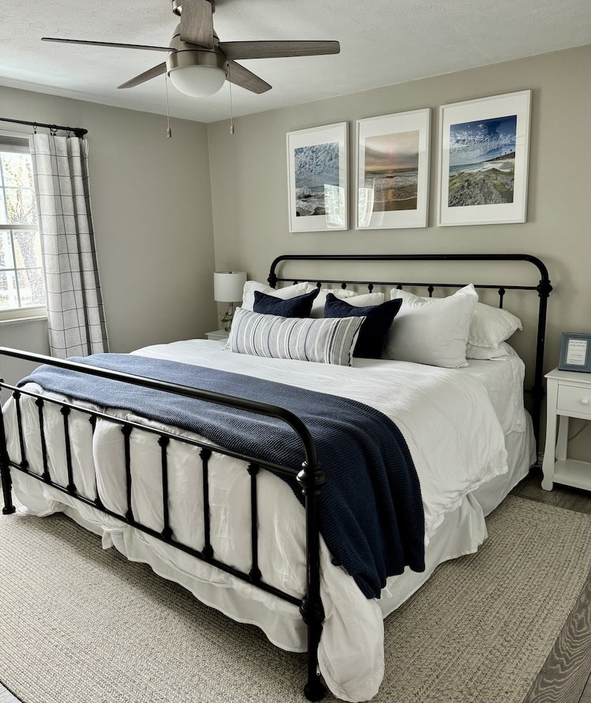 Metal Bed Frame with Spindle Headboard and Navy Accents