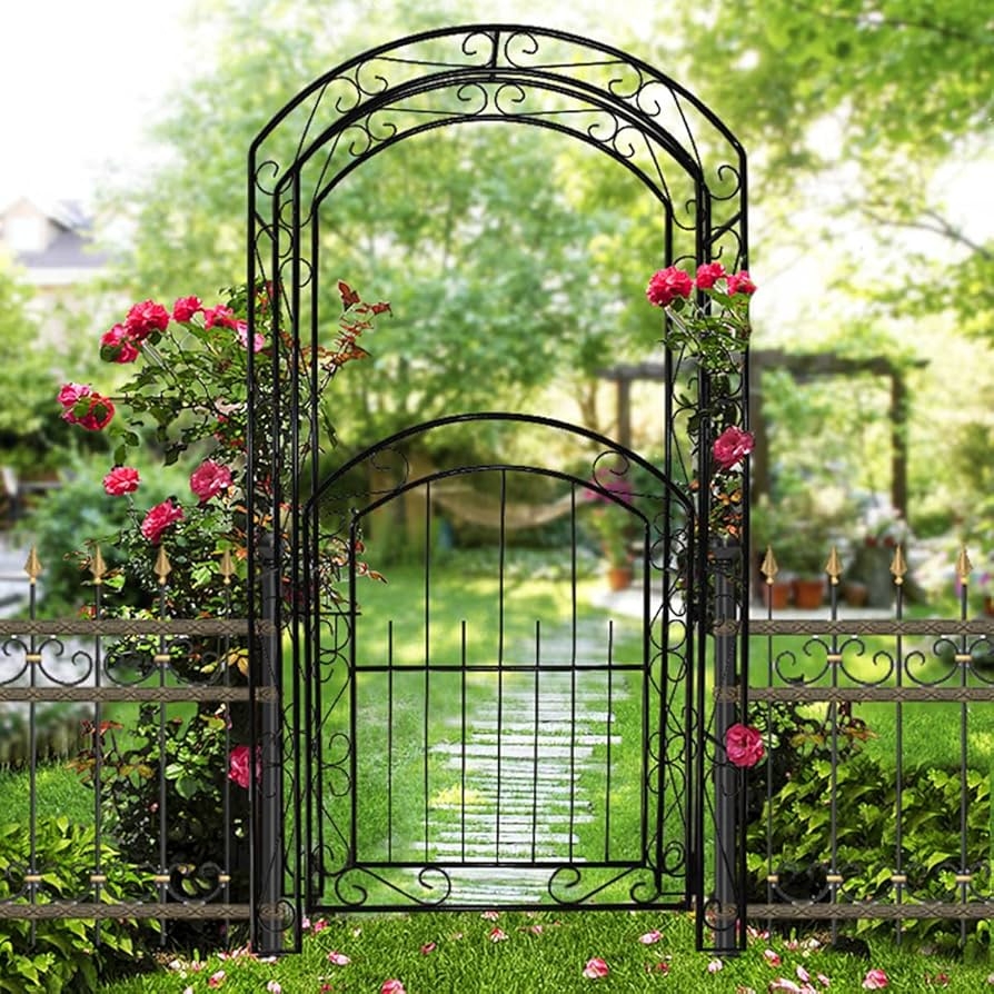 Metal Garden Arch with Gold Finials and Ornate Details