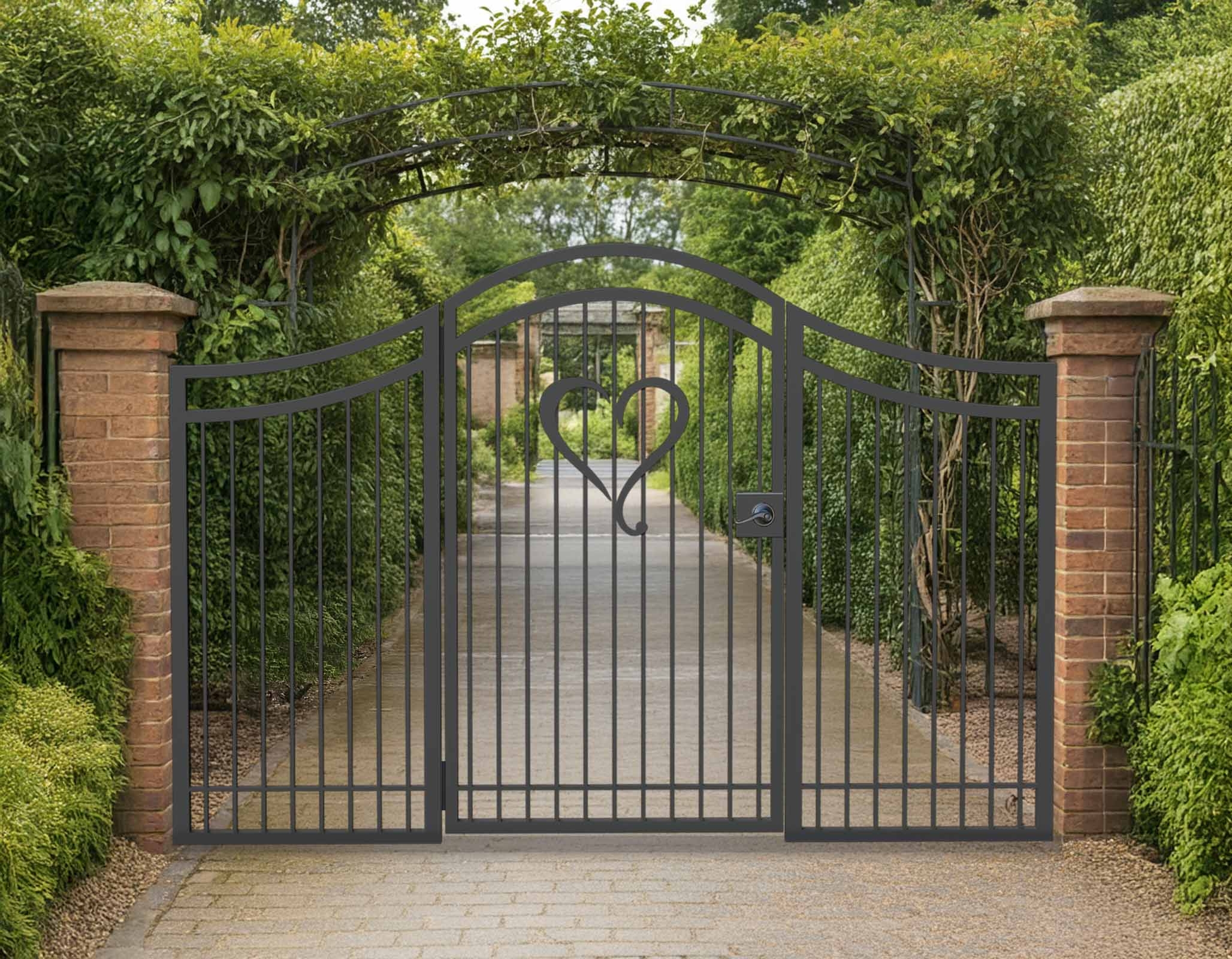 Metal Gate with Heart Scrollwork and Red Brick Pillars