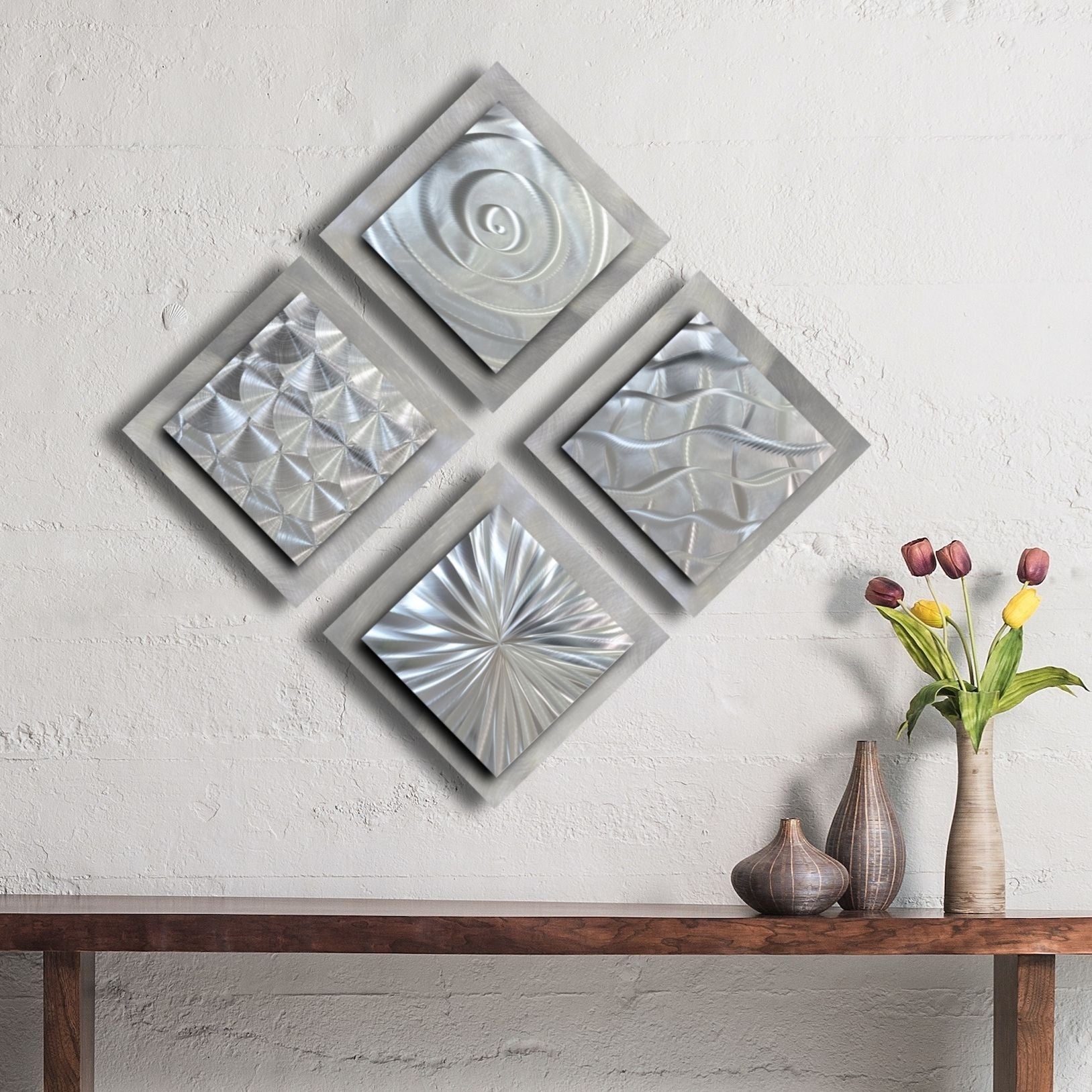 Metal Wall Art 4 Piece Set Silver Metallic Wall Art