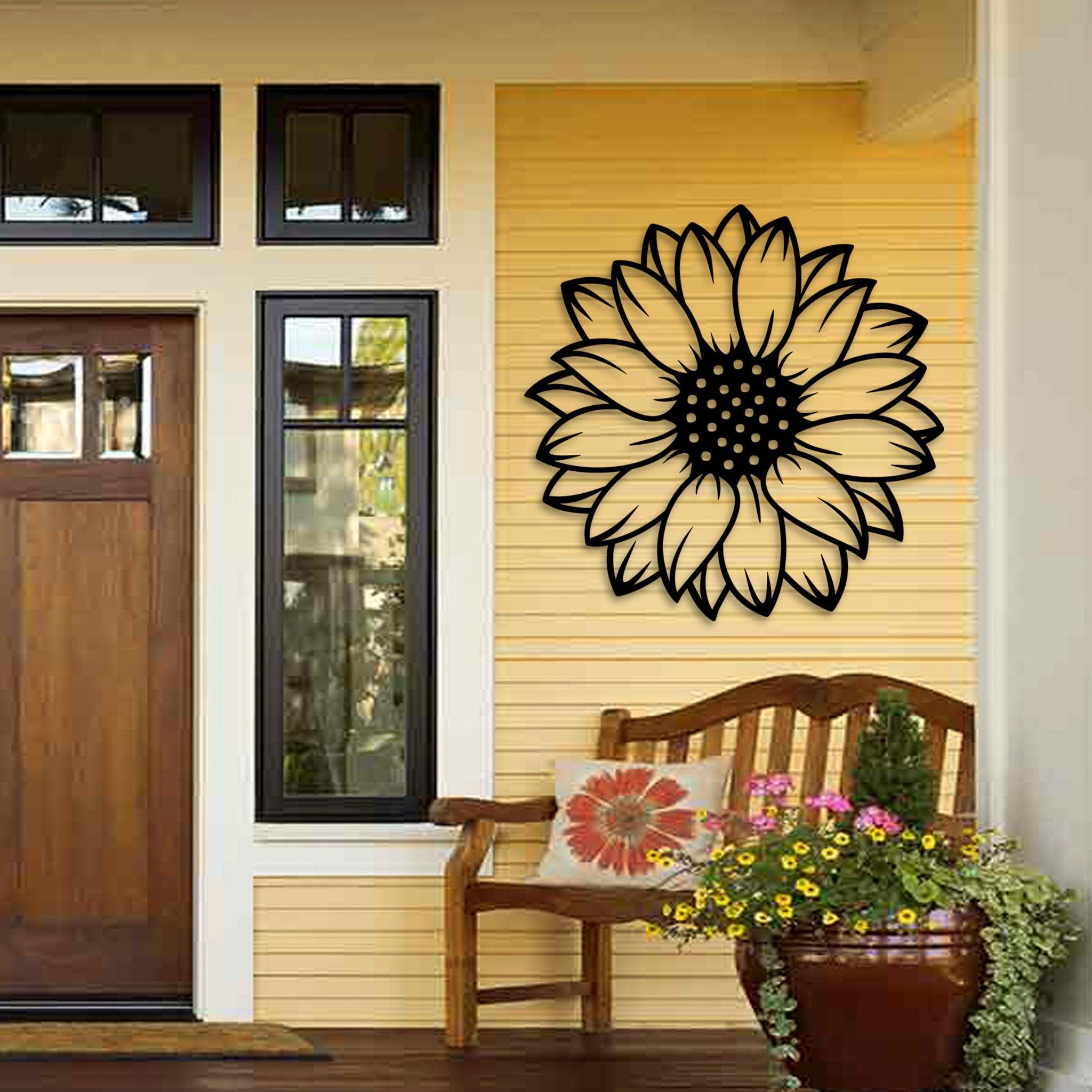 Metal Wall Art Matte Black Sunflower Motif Garden Decor