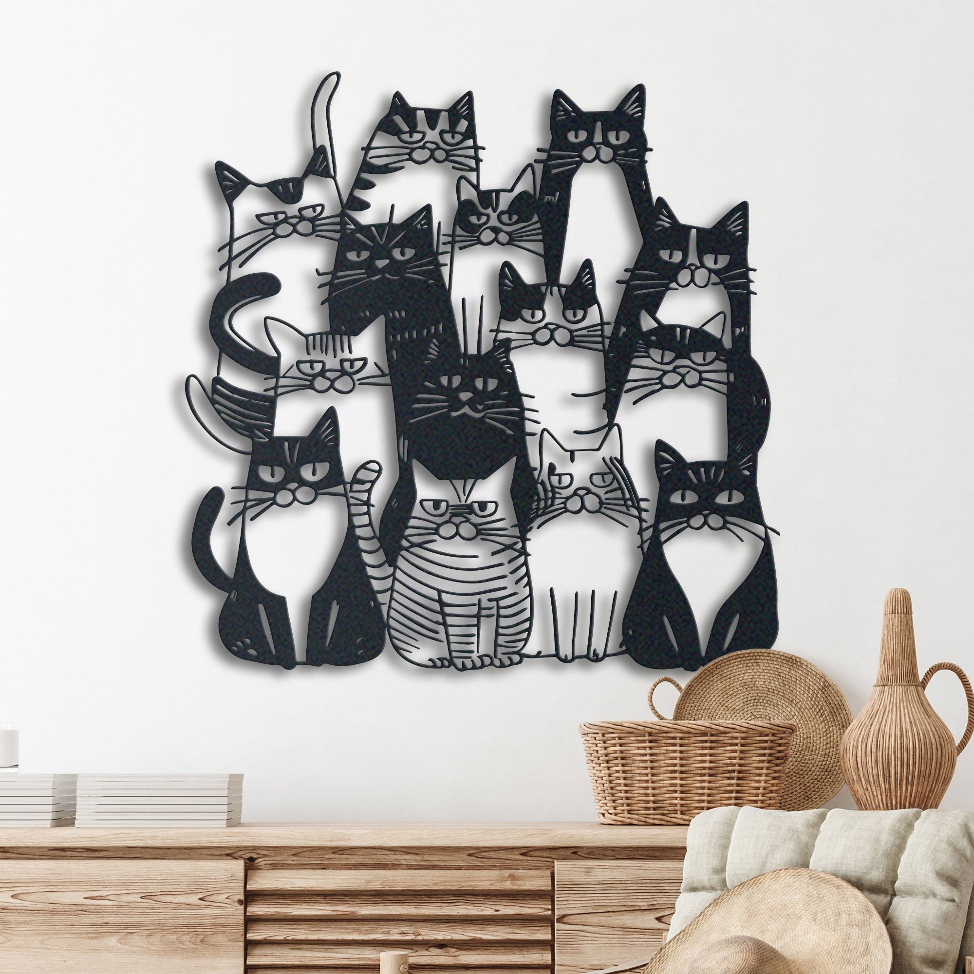 Metal Wall Art: Whimsical Cat Motifs Laser Cut Sign