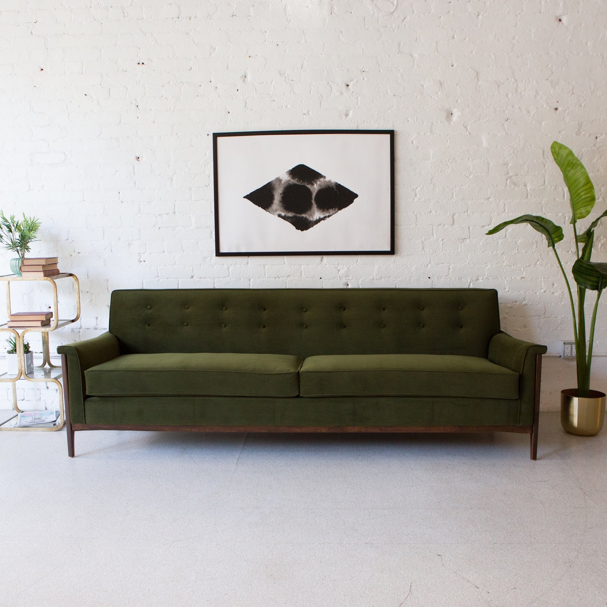 Mid Century Sofa Olive Green Velvet Button Tufting Retro