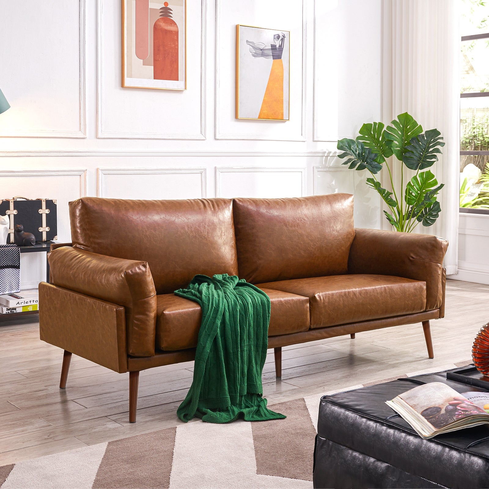 Mid Century Sofa with Padded Flared Arms and Walnut Tone