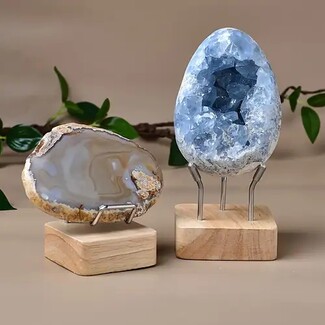 Mineral Display Stand with Wooden Block Base and Metal Wire