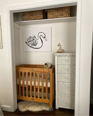 Mini Crib Wood Closet Nursery Nook with Wicker Dresser