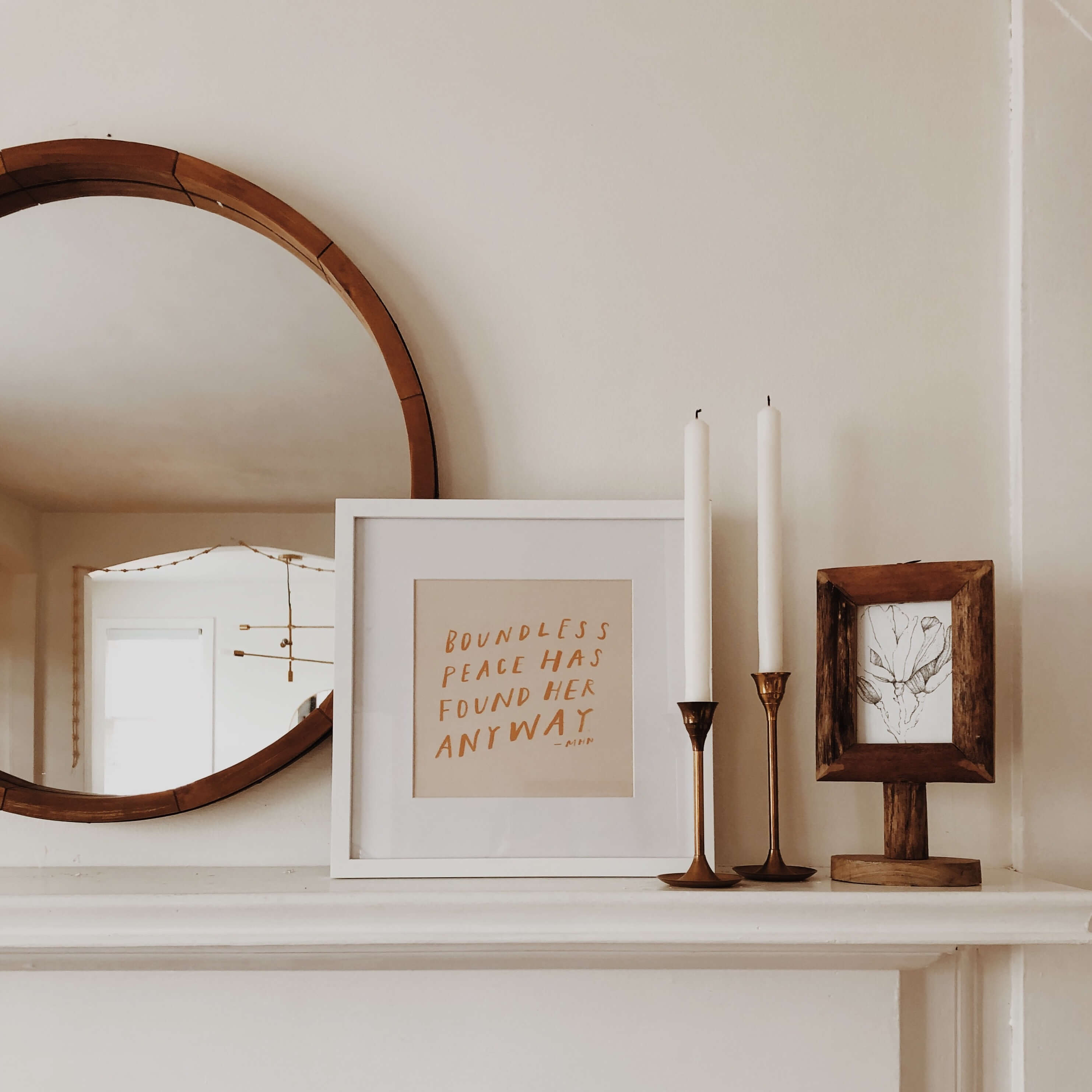 Mirror Frame with Segmented Wood Design and Round Wooden Styling