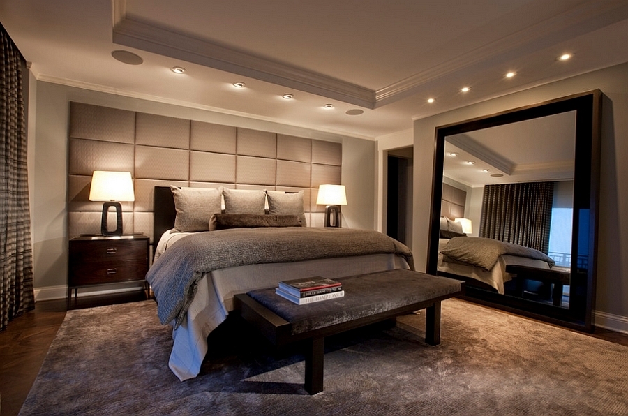 Modern Bedroom: Leaning Mirror and Upholstered Wall Panel Bedroom