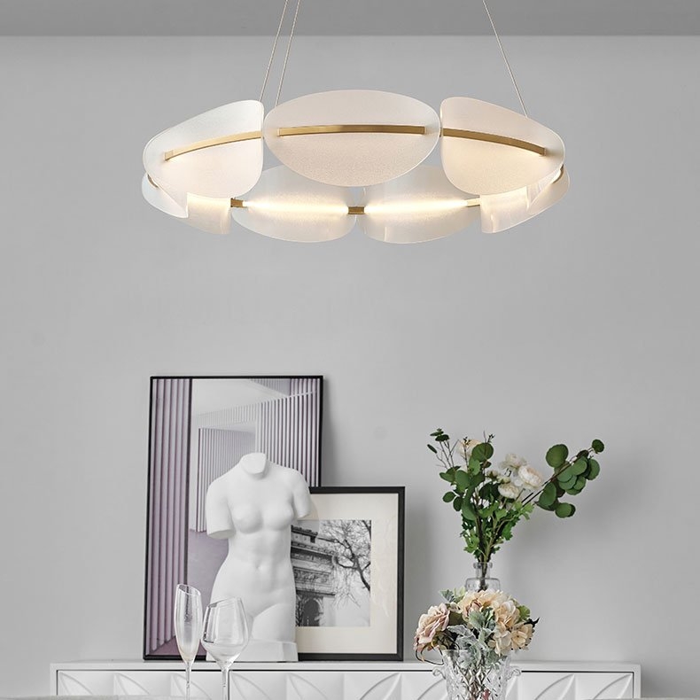 Modern Chandelier: Brushed Gold Oval Frosted Panels Ring Silhouette
