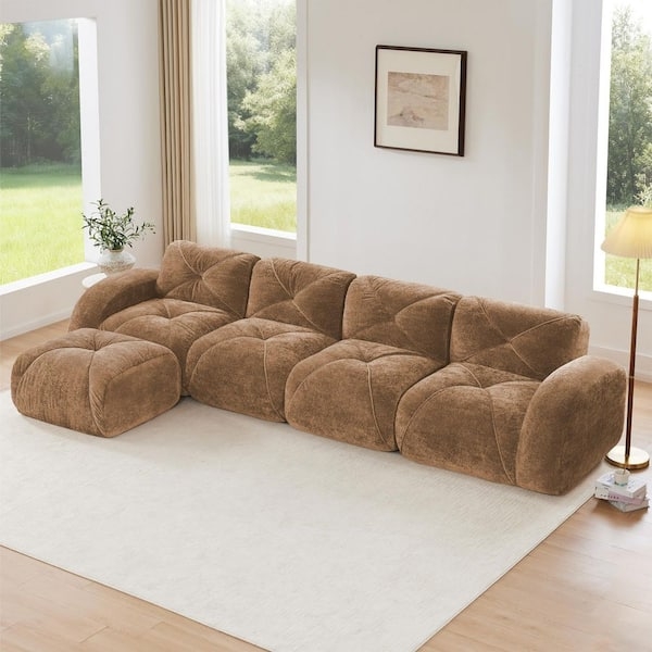 Modular Sectional Boneless Quilted Camel Velvet