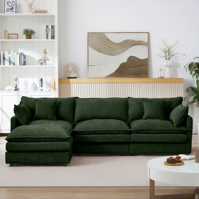 Modular Sectional Chenille Forest Green Cloud Cushions