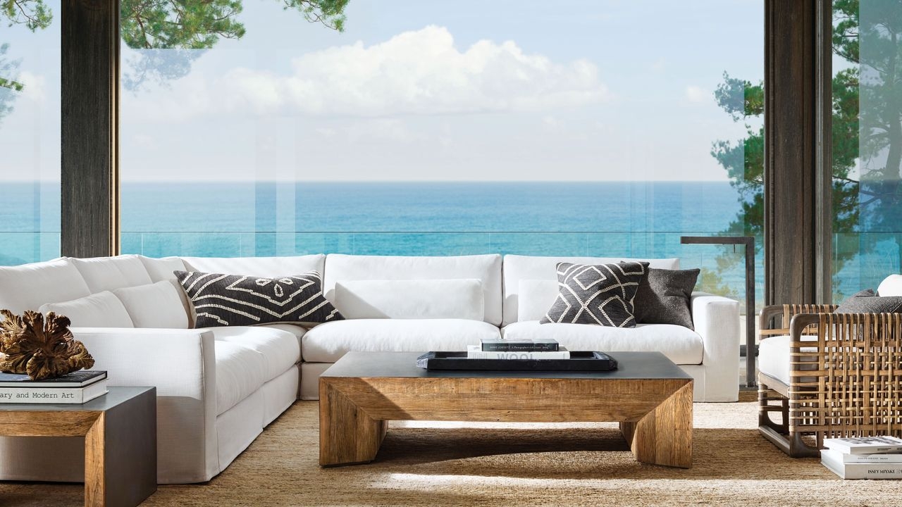 Modular Sectional Crisp White Upholstery and oceanfront interior design