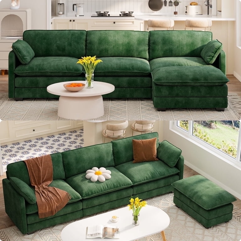 Modular Sectional Forest Green Corduroy Movable Ottoman