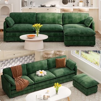 Modular Sectional Forest Green Corduroy Movable Ottoman