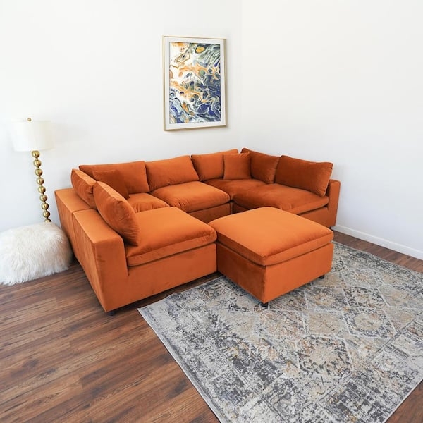 Modular Sectional in Burnt Orange Velvet with Deep Seating