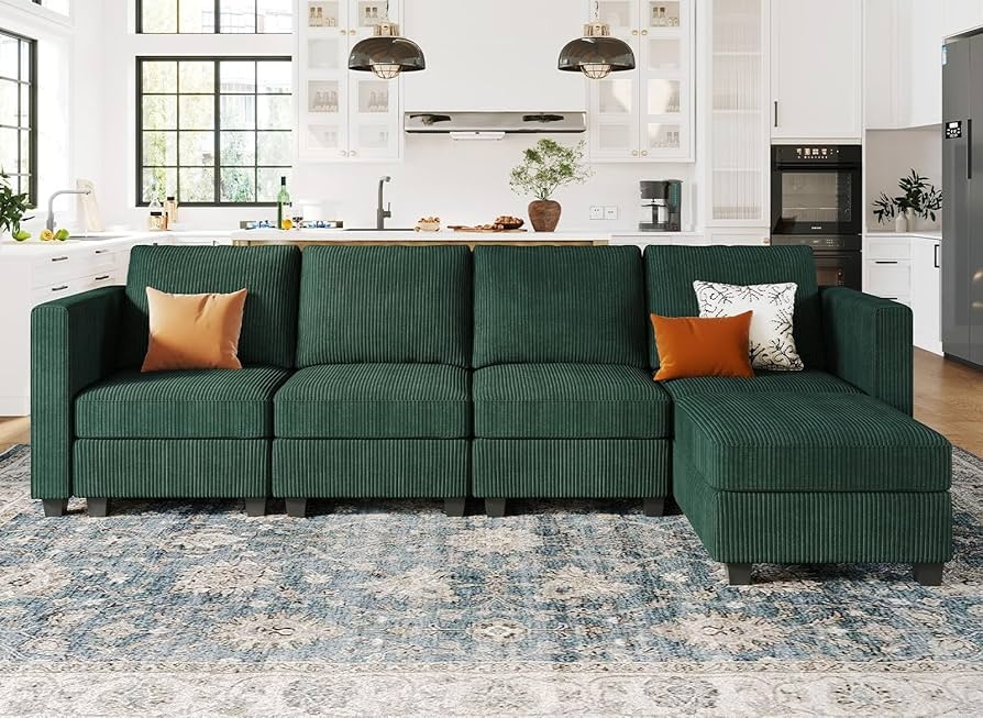 Modular Sectional Sofa Dark Green Corduroy L-Shaped