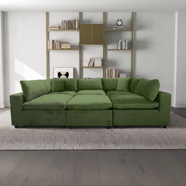Modular Sectional Sofa Olive Velvet Square Arm Seating