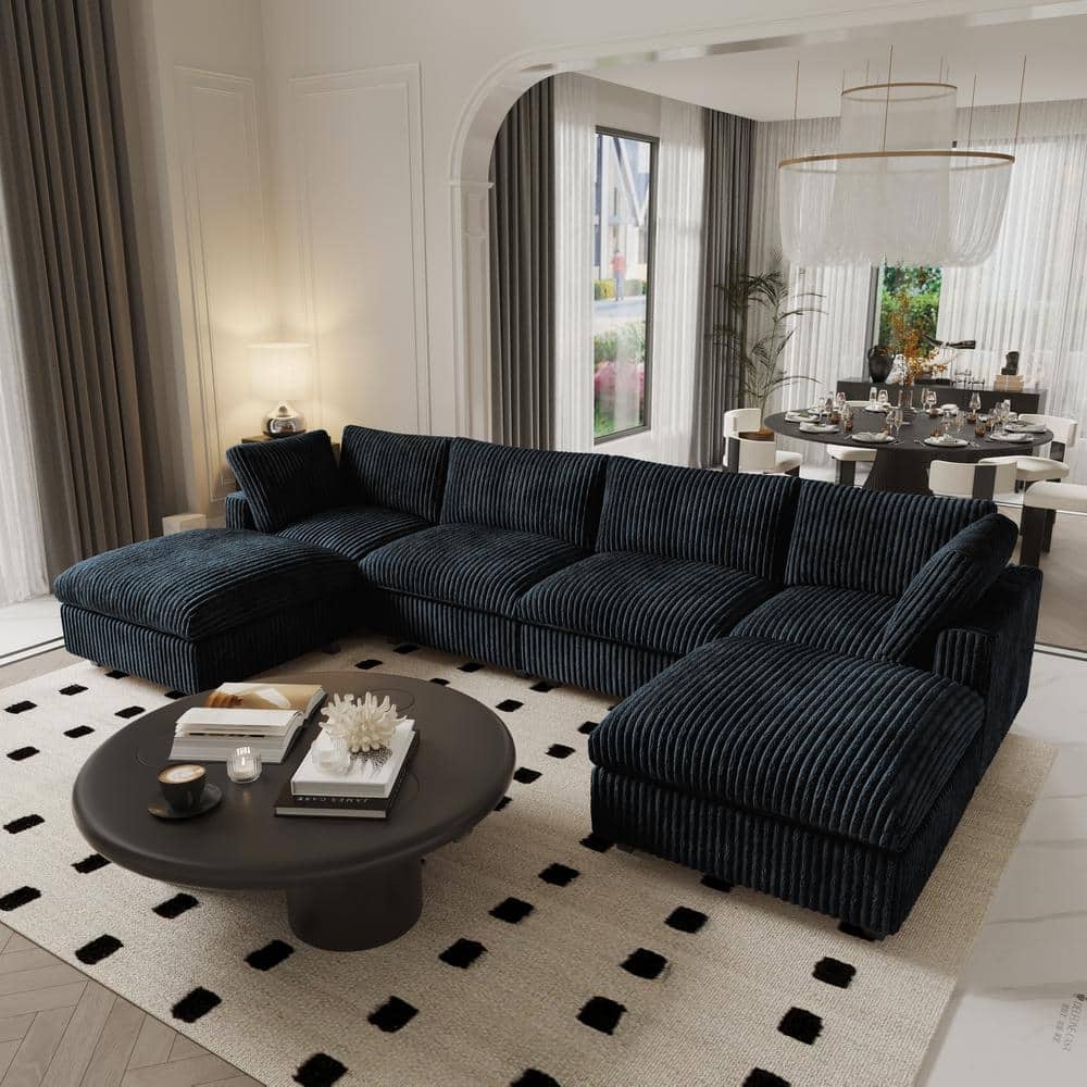 Modular Sectional Sofa U-Shaped Ribbed Upholstery