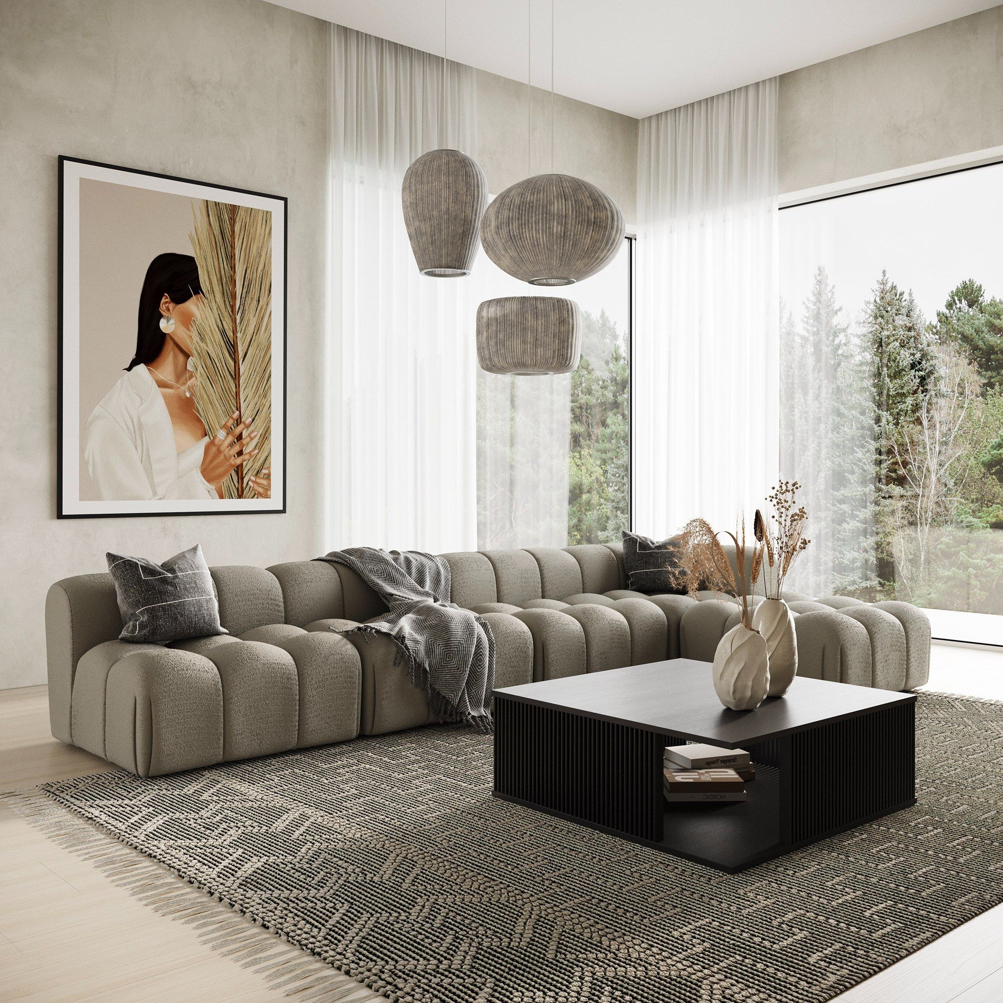 Modular Sectional Sofa with Slatted Base and Channel Tufting