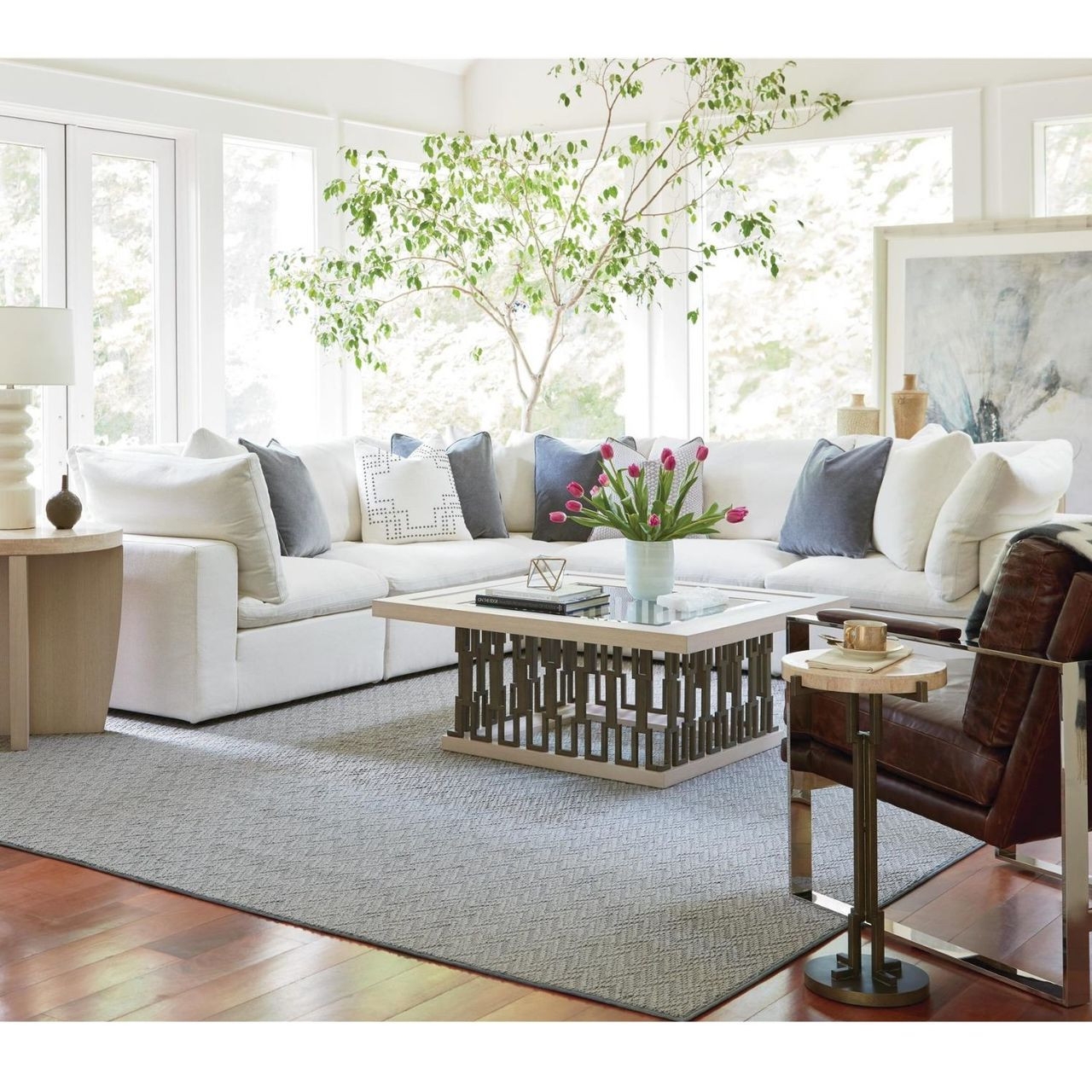 Modular Sectional with 4-Pc Modular Pieces and Geometric Table