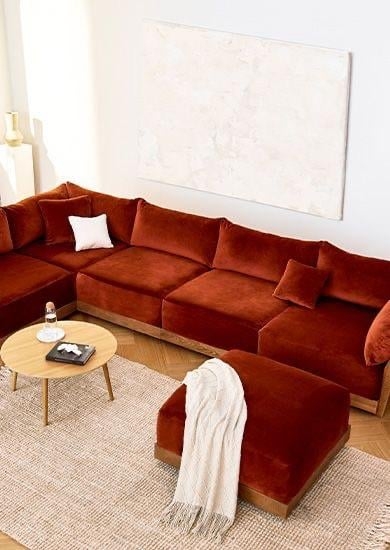Modular Sectional with Wood Plinth Base in Burnt Orange