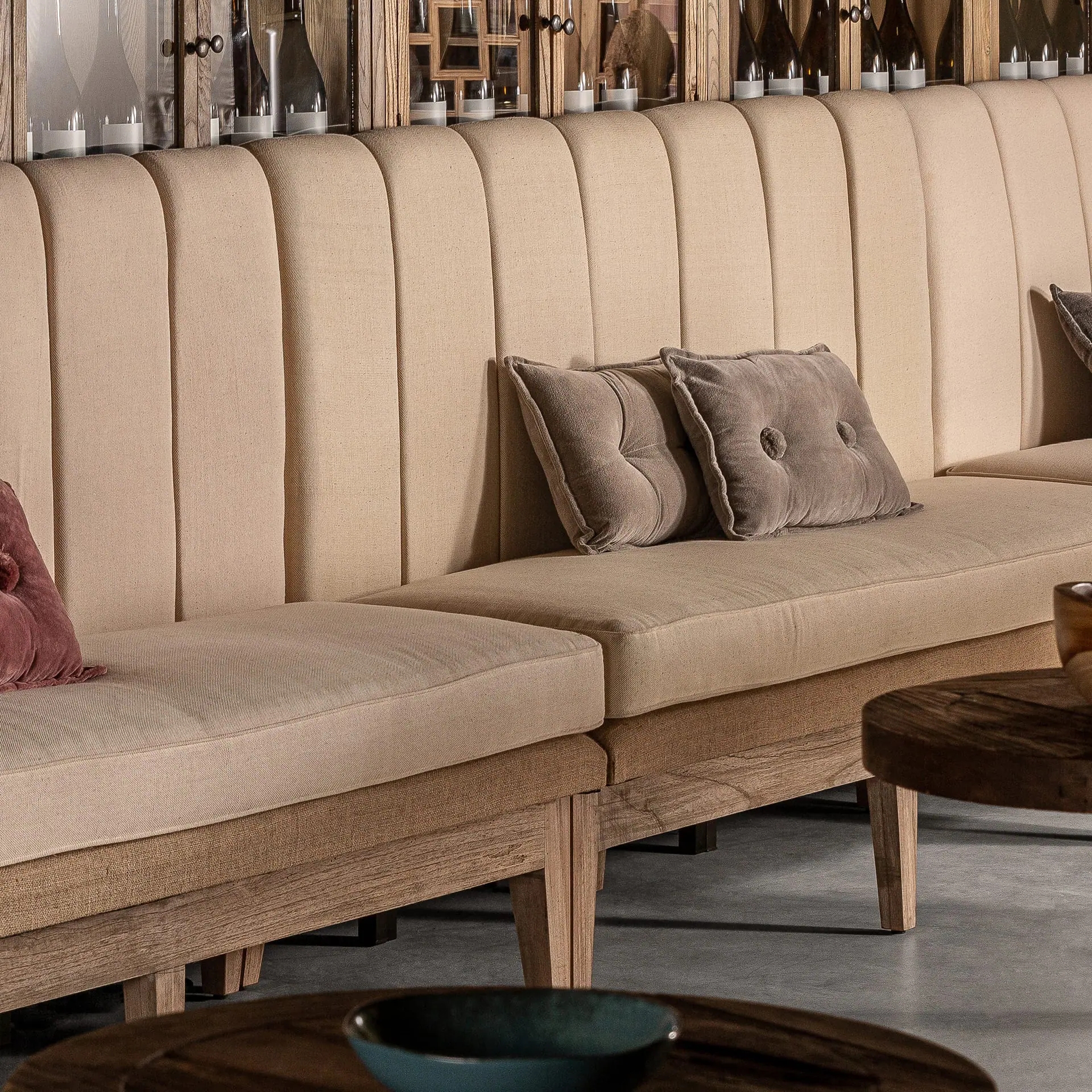Modular Sofa Channeled Back Exposed Wood Frame Beige Lounge