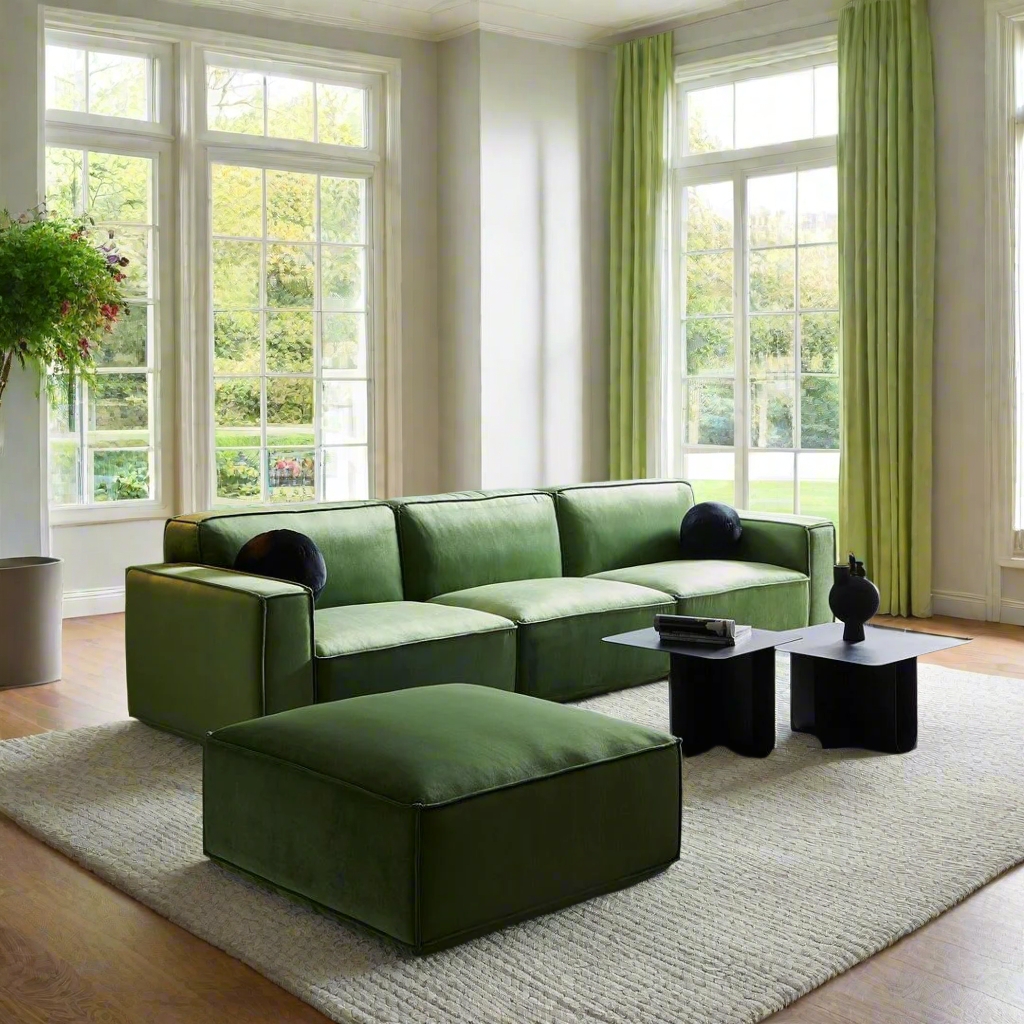Modular Sofa Contemporary Block Base Sage Velvet Couch