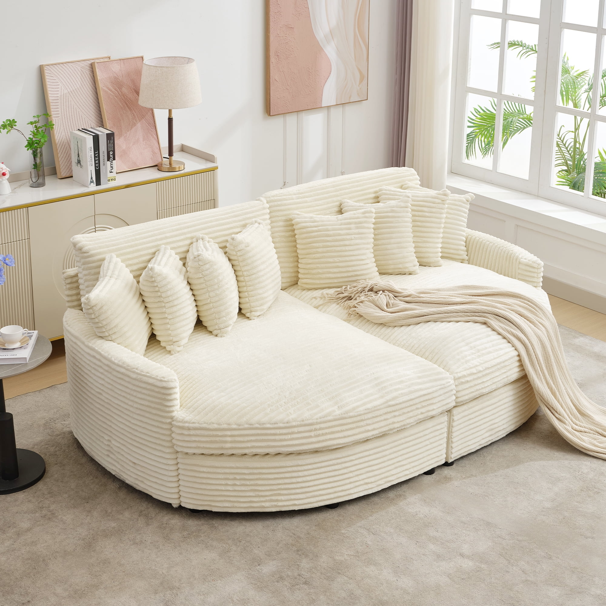 Modular Sofa Cream Double Chaise Curved Ribbed Pit Couch