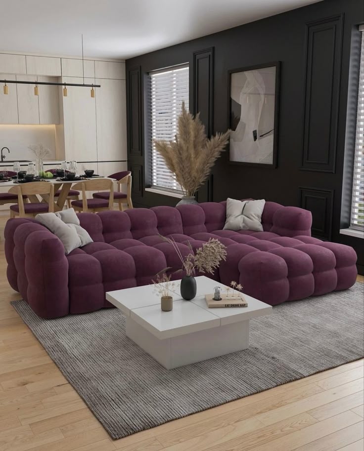 Modular Sofa Purple Tufted Design with Dark Paneled Walls